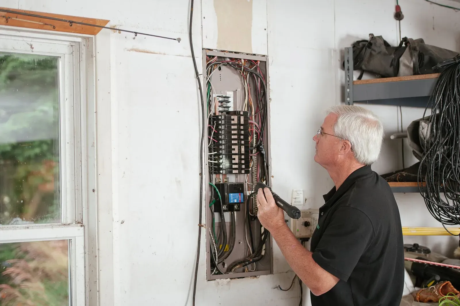 A Brannock master electrician inspecting a home breaker panel